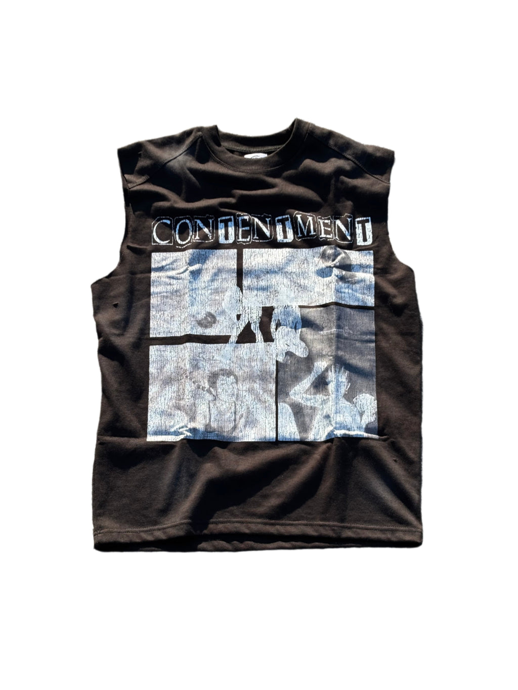 Black sleeveless shirt with graphic design and text on a textured surface